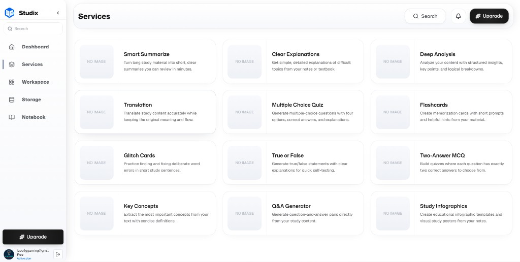 Studix Platform dashboard showing services, storage, and workspace