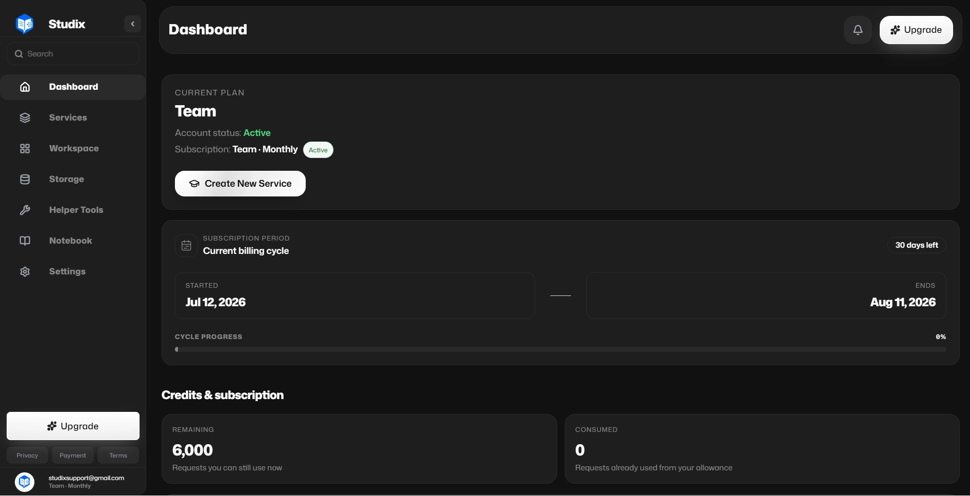 Studix Platform dashboard with plan, billing cycle, and usage